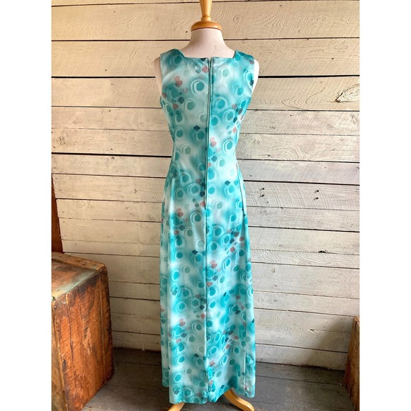 70s green polyester maxi dress Hal Ferman square neck sleeveless - 1970s - Picture 5 of 8